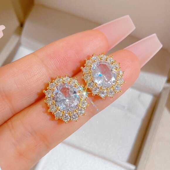 3/$35 Gold Plated Copper Ear Studs Earrings Clear Crystal Gemstone Diamond - Picture 5 of 6